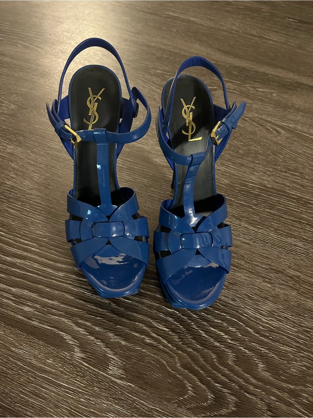 Saint Laurent Patent Leather Royal Blue Strappy T-Strap Sandals